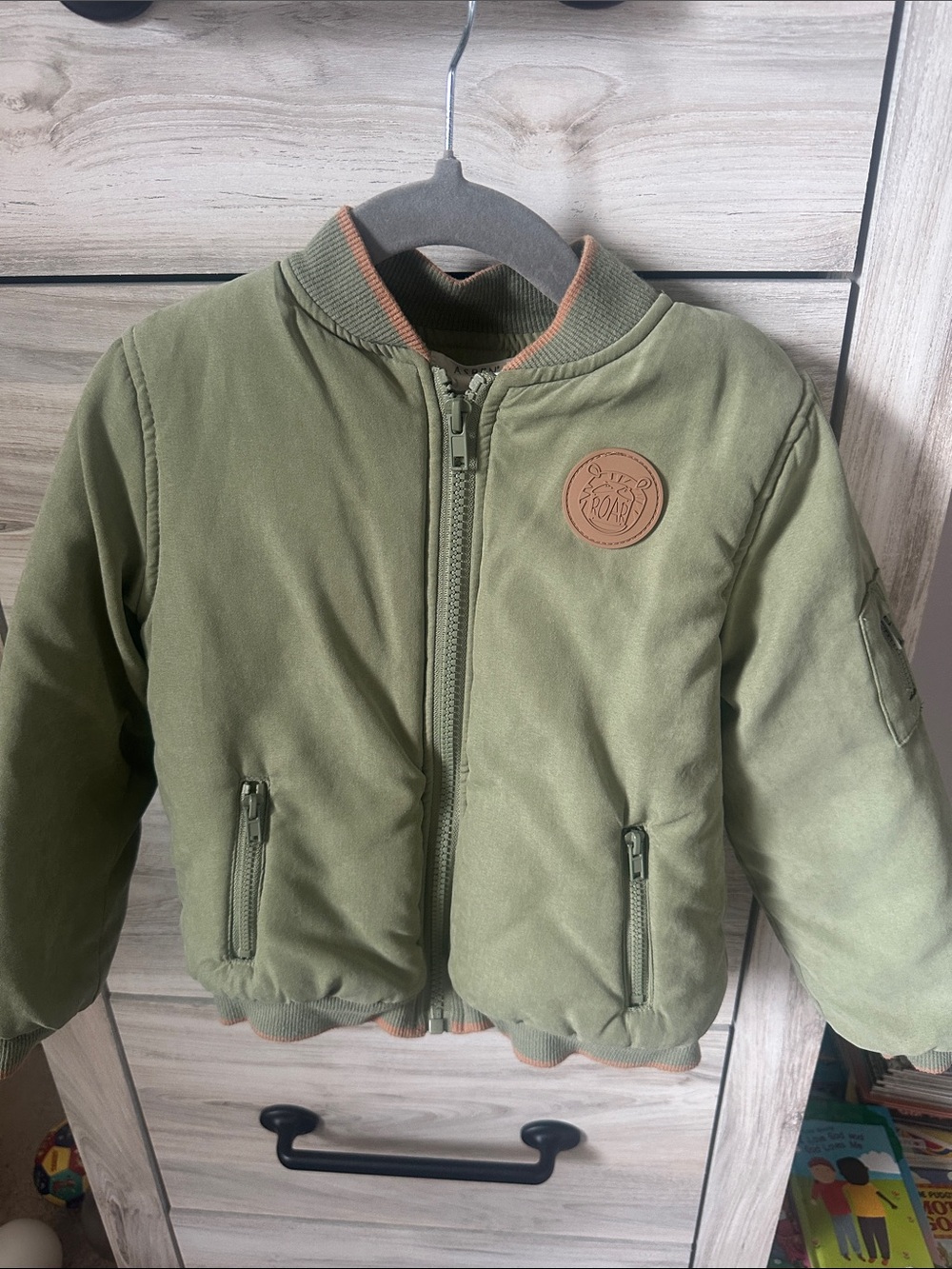 Kids Olive Green Puffer Jacket with Patch Detail